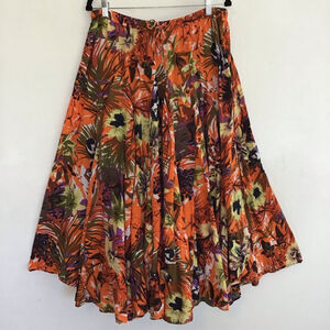 Grace Elements Women Elegant Stylish Orange Green Floral A-Line Midi Skirt L
